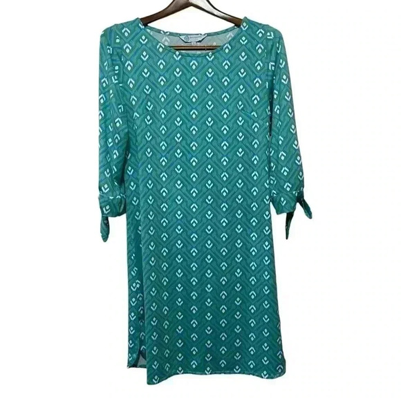 escapada Dresses & Skirts - Escapada Living Shift Dress Geometric Aqua Tie Tab Sleeves Women’s Sz S